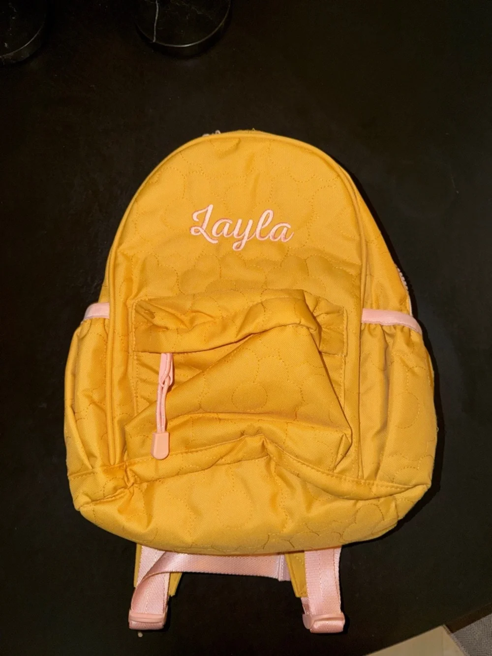 Crate&Barrel Yellow Quilted Flower Kids Backpack- Layla Monogram